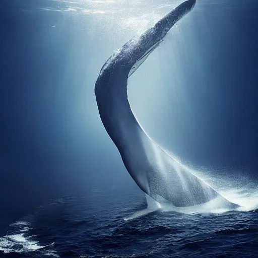 Image similar to portrait photo by national geographic and mort kunstler and annie leibovitz and monia merlo, a stunning blue whale completely covered in a long billowing flowing white sheet swimming through the ocean, backlit, 4 d, 4 k, volumetric lighting, photorealistic, light ray, hyperdetailed