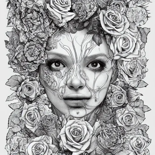 Prompt: the anatomy of a head of lettuce with roses that resemble a beautiful woman, an ultrafine detailed illustration by james jean, intricate linework, bright colors, final fantasy, behance contest winner, vanitas, angular, altermodern, unreal engine, global illumination, radiant light, detailed and intricate environment