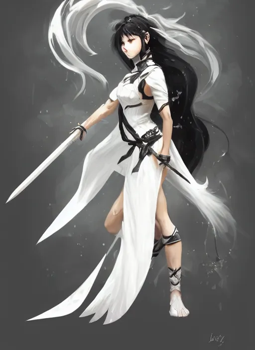 Image similar to a highly detailed illustration of fierce messy ponytail black haired one armed delinquent woman wearing long white tokkoufuku cape, dramatic wielding paper sword pose, intricate, elegant, highly detailed, centered, digital painting, artstation, concept art, smooth, sharp focus, league of legends concept art, wlop.