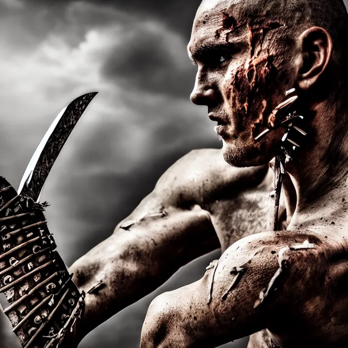 Prompt: photo of a warrior with bone blades coming out of forearm, highly detailed, 4 k, hdr, smooth, sharp focus, high resolution, award - winning photo