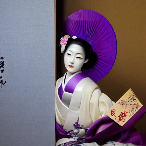 Image similar to Japanese geisha with beautiful violet paper fan, 4k photography, 30 mm lens, cinematic light, warm atmosphere, in style of Kar Wai Wong