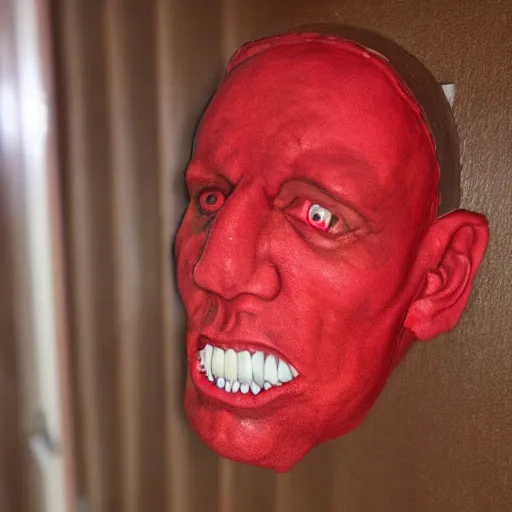 Image similar to realistic, detailed, amongus red imposter in the backrooms