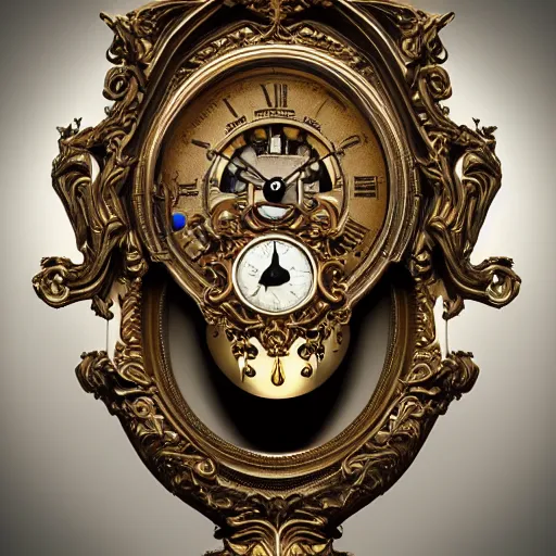 Prompt: human head replaced with clock in baroque style , surrealism , hyperrealistic , photoreaistic