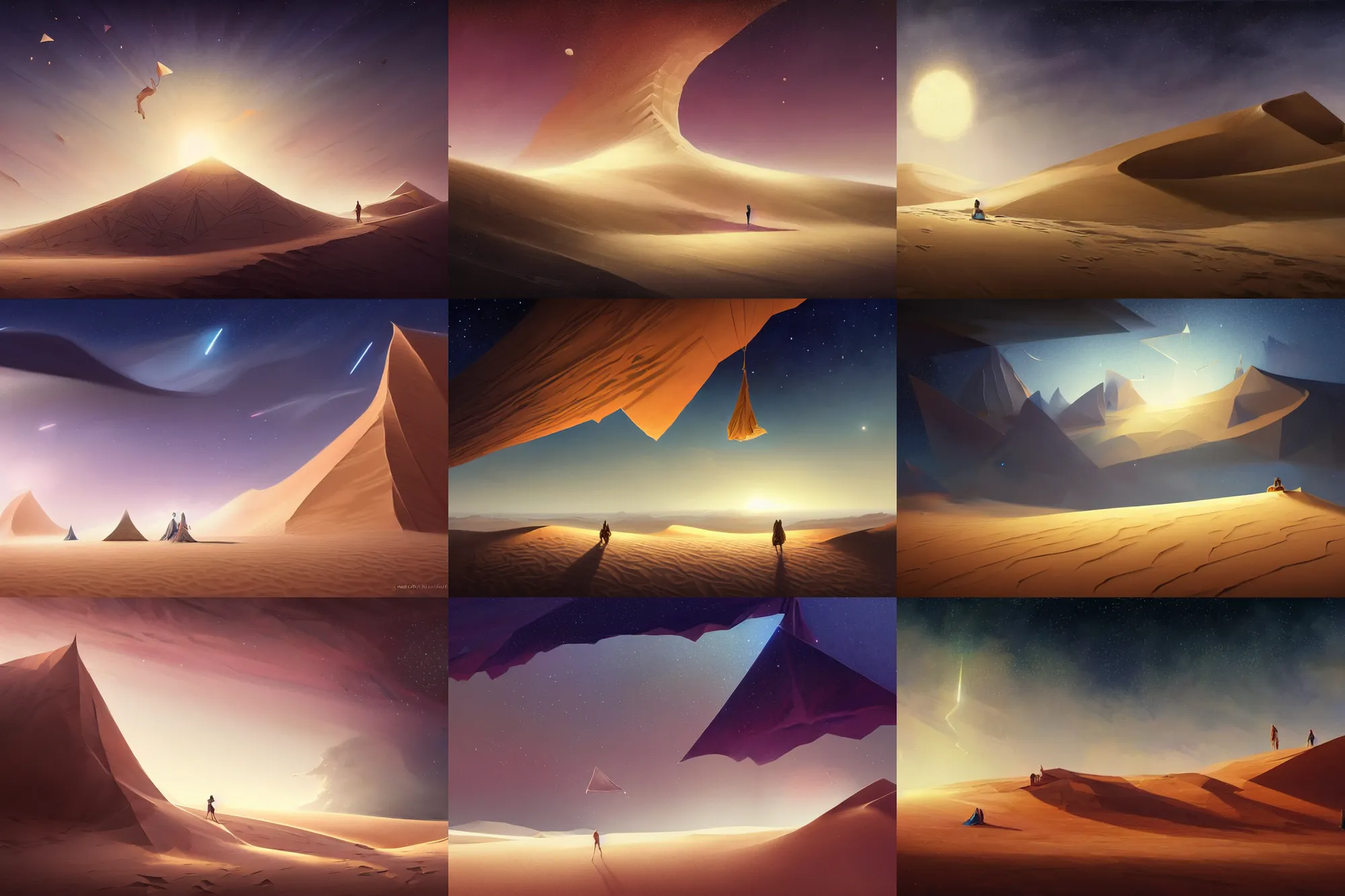 Prompt: polygonal sand dunes with giant walls and skies showing the stars and hanging silk drapery and tapestries, light dust, magnificent, close up, sharp focus, elegant, highly detailed, illustration, by jordan grimmer greg rutkowski wlop maya takamura, intricate, trending artstation, pixiv, digital art