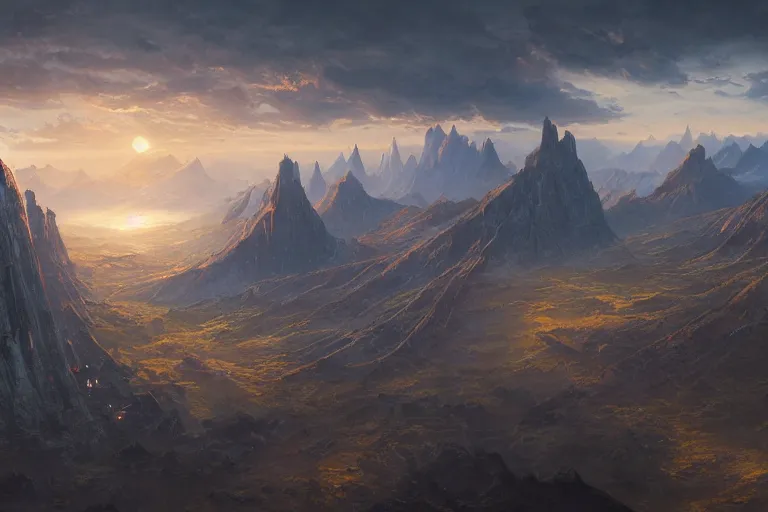 Image similar to high aerial shot, cinematic fantasy painting, dungeons and dragons, plains mountains and rivers, with sunset lighting ominous shadows by jessica rossier and brian froud cinematic painting