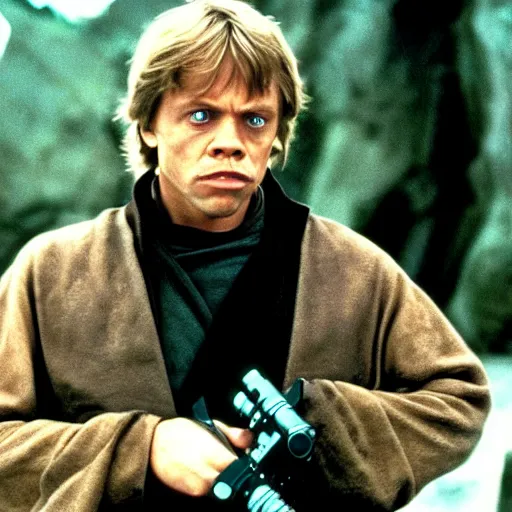 Image similar to A still of Mark Hamill as Luke Skywalker in Star Wars, 1990, Directed by Steven Spielberg, 35mm