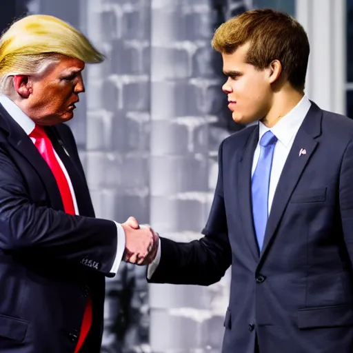 Image similar to donald trump and magnus carlsen shaking hands