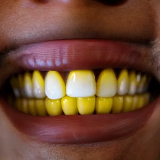 Prompt: a buck tooth smile close-up, each tooth is a miniaturized cob of corn, yellow corn teeth, smiler