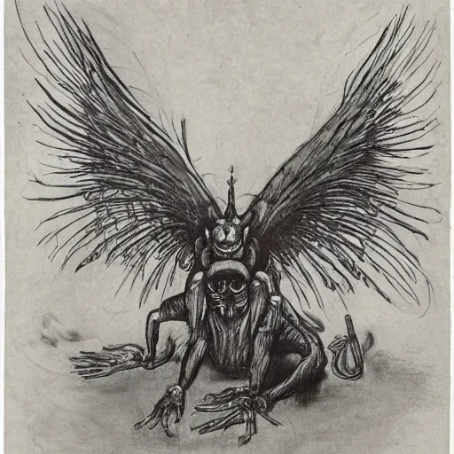 Prompt: Pazuzu He stands on two legs and has human arms ending in claws, with two pairs of wings, a scorpion's tail, pazuzu, a snake that emerges from between his legs in front, and a horned, bearded head with bulging eyes and snarling canine mouth swirls of black gouache, hopeless grey, and a daub of cold blue, intricate, highly detailed, digital painting, pazuzu, artstation, concept art, smooth, sharp focus, illustration, Unreal Engine 5, 8K, art by artgerm and greg rutkowski and alphonse mucha, fantasy epic digital art, epic fantasy card game art pazuzu