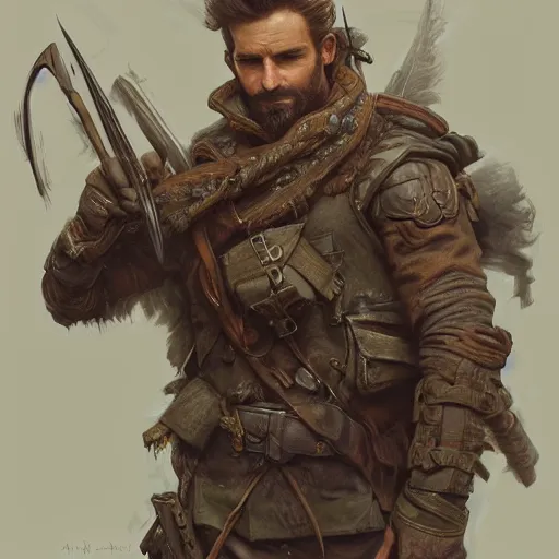 Image similar to portrait of a rugged male ranger, D&D, fantasy, intricate, elegant, highly detailed, digital painting, artstation, concept art, smooth, sharp focus, illustration, art by artgerm and greg rutkowski and alphonse mucha