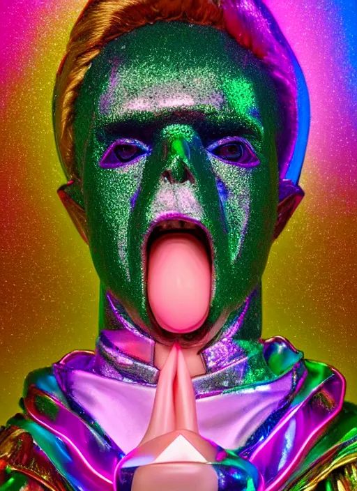 Image similar to photo of baroque and bladerunner delicate neon diamond sculpture of ceramic seductive albino prince xavier serrano delicious tongue sticking out, creamy pink iridescent humanoid deity wearing red furry hoody holding diamond skull in a green metallic dungeon, reclining, glowing rainbow face, crown of white diamonds, cinematic lighting, photorealistic, octane render 8 k depth of field 3 d