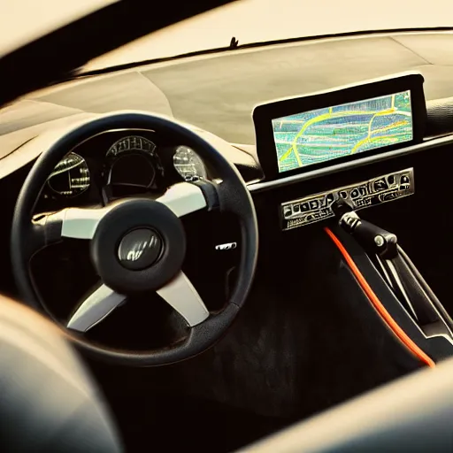 Prompt: photograph of a dashboard with very high rpm, sports car, reflections