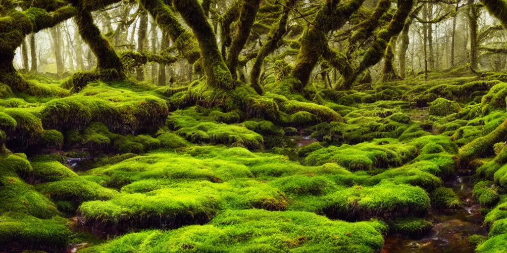 Image similar to gorgeous fields of moss landscape with glistening water, magical forest, brightly colored, magical, fantasy, landscape, beautiful, intricate details, highly detailed, sharp focus, concept art, digital painting, trending on artstation, still, screenshot, photo, photograph, in the style of Manuel Vormwald