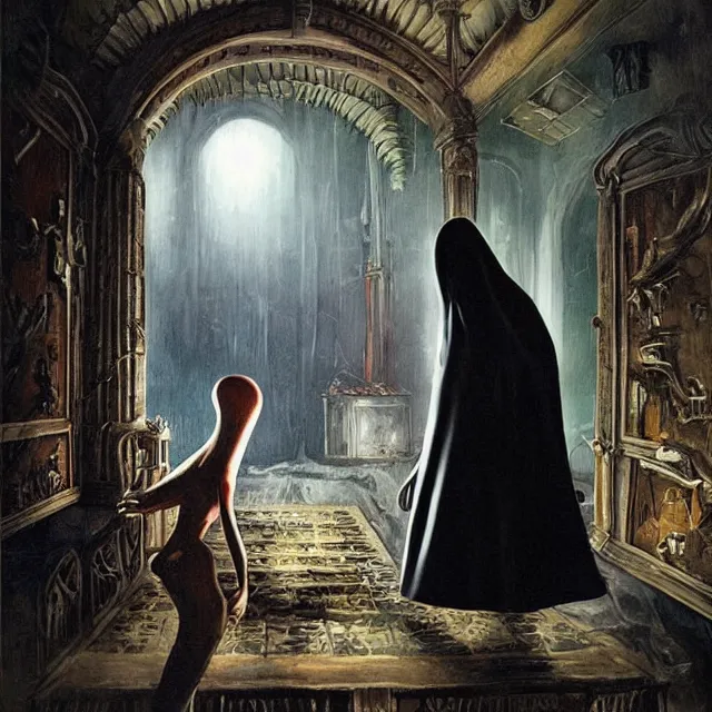 Image similar to a strange creature greeting a female explorer in a dining room, haunted house, masterpiece, rhads!!!, magical realism, urban fantasy, a hooded figure, a fierce woman, ( h. r. giger )