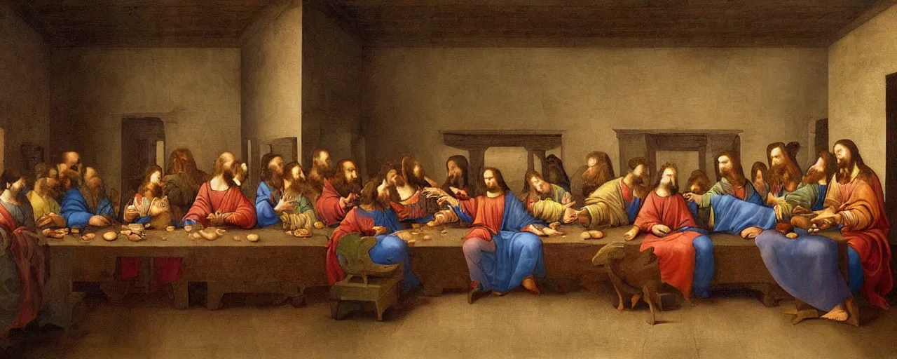 Prompt: A painting in the style of the last supper by Leonardo Da Vinci but with animals instead of people. High detail