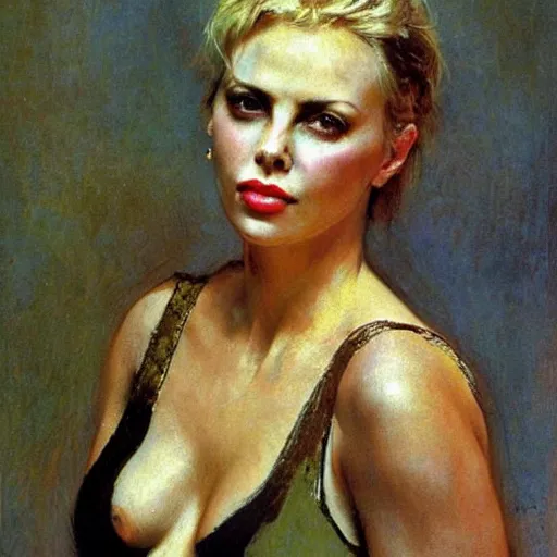 Prompt: frisky charlize theron by ilya repin