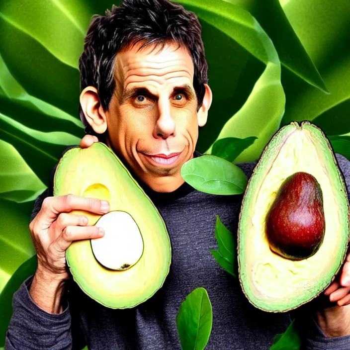 Image similar to ben stiller in the lotus position balancing stack of avocado on his head