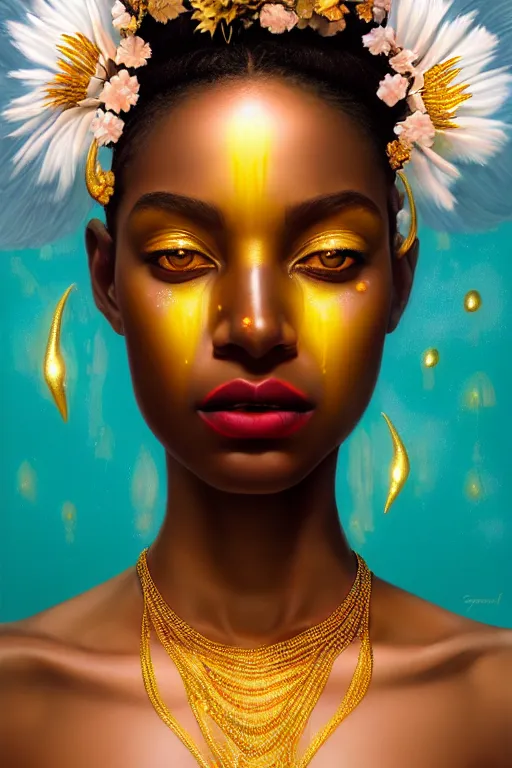 Prompt: hyperrealistic post - symbolist cinematic very beautiful! oshun goddess with white eyes, yoruba body paint, chrome dripping droplet lips, gold flowers, highly detailed digital art masterpiece, smooth etienne sandorfi eric zener dramatic pearlescent soft teal light, ground angle uhd 8 k, sharp focus