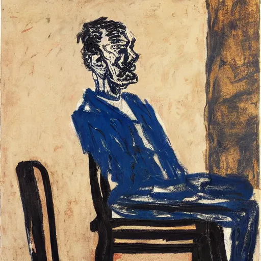 Prompt: painting of a man sitting on a chair and staring at you, by georg baselitz
