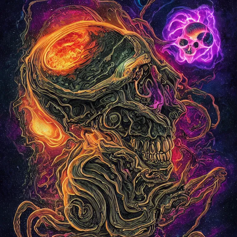 Image similar to a symmetrical composition of a giant skull with intricate rune carvings and glowing eyes with thick lovecraftian tentacles emerging from a space nebula by dan mumford, twirling smoke trail, a twisting vortex of dying galaxies, digital art, vivid colors, highly detailed