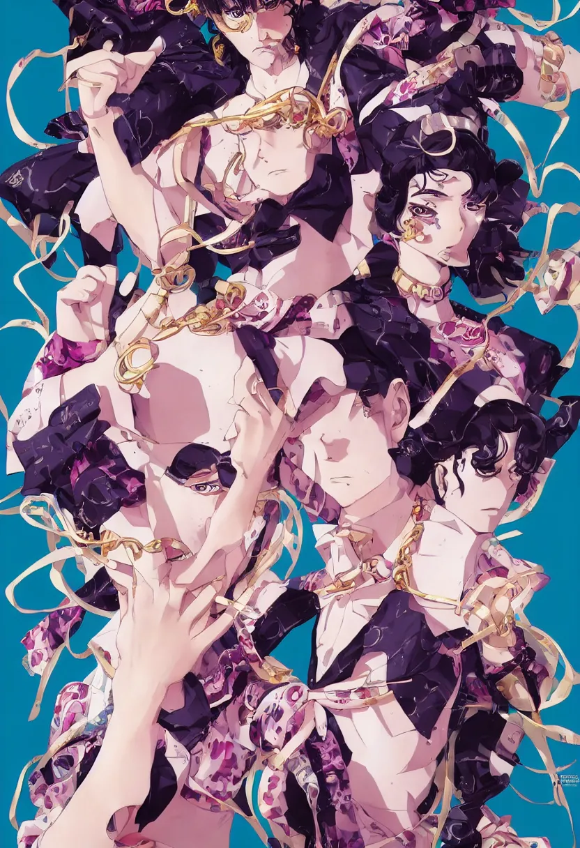 Image similar to Magazine Cover Anime key visual of a Gucci girl; official media; typography; drawn by Hirohiko Araki; Jojo's Bizarre Adventure; Jojolion, portrait, made by Stanley Artgerm Lau, WLOP, Rossdraws, James Jean, Andrei Riabovitchev, Marc Simonetti, Yoshitaka Amano, ArtStation