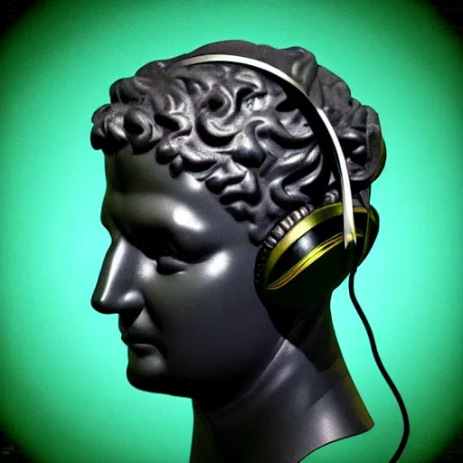 Prompt: roman bust wearing headphones, in the style of vaporwave!!!!!!!!!!!