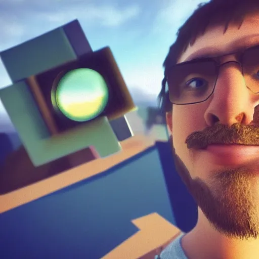 Image similar to Selfie!!!!! of Steve in Minecraft, trending on artstation, 4k, 8k, lens!!! distortion!!!, fisheye!!! lens!!!, artstation 3d, artstation render, artstation 3d render, 3d art, unreal engine 3d, octane 3d, blender 3d, artstation graphics, artstation lighting,