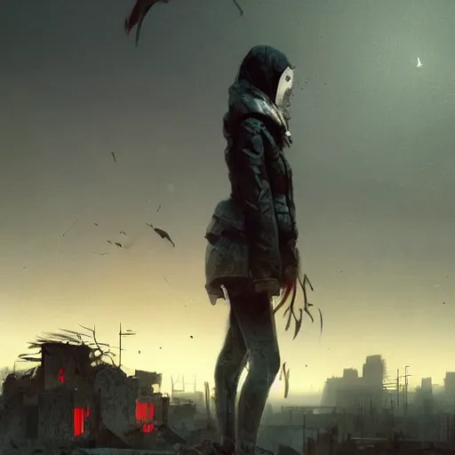 Image similar to A portrait of a suicidal girl, ruins of a destroyed city and a yellow-red full moon on background, techwear, dark, atmosphere, natural volumetric light, intricate, highly detailed, digital painting, concept art, sharp focus, illustration, art by greg rutkowski, matte painting, trending on artstation, rule 34