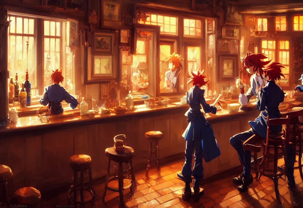 Prompt: a small saloon counter, intricate oil painting, high detail illustration, sharp high detail, manga and anime 1 9 9 9, official fanart behance hd artstation by jesper ejsing and makoto shinkai, 4 k,
