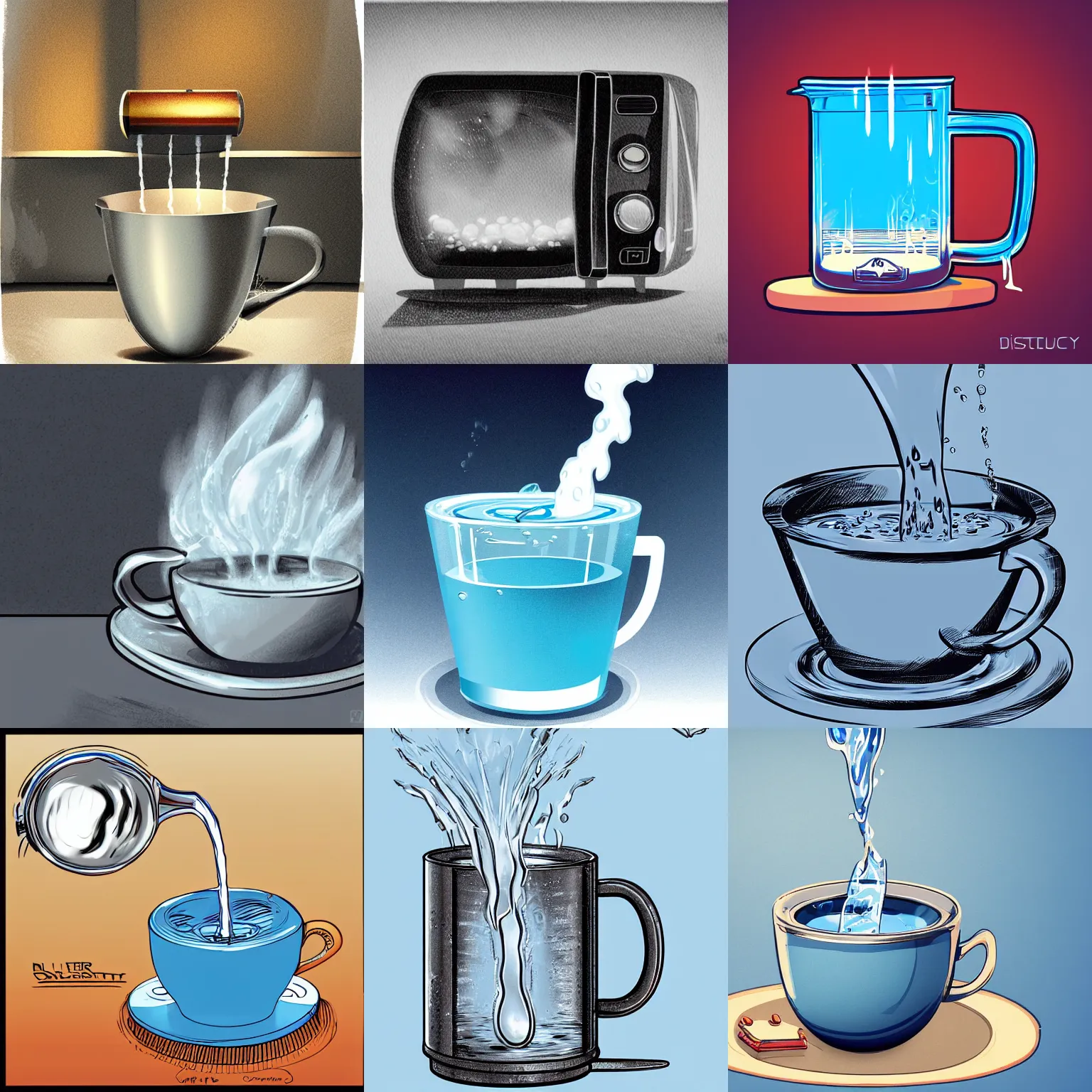 Prompt: a cup of water boiling in a microwave, detailed illustration by disnet concept artists