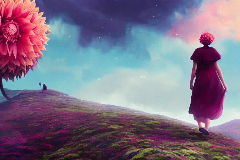 Image similar to giant dahlia flower as a head, girl walking on mountain, surreal photography, stars, dramatic light, impressionist painting, storm clouds, digital painting, artstation, simon stalenhag