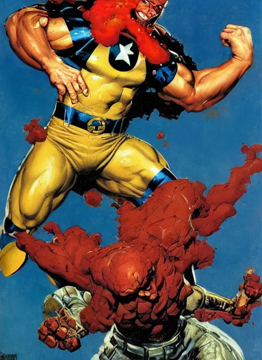 Image similar to full body and head portrait of marvel mutant juggernaut, dynamic action, painted by norman rockwell and phil hale and greg staples and tom lovell and frank schoonover and jack kirby