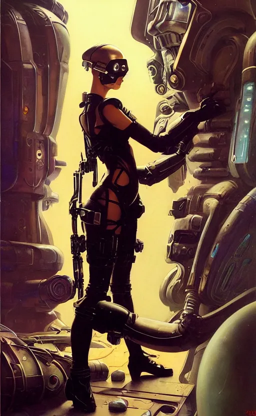 Image similar to pulp scifi fantasy illustrations of character concepts, cyber punk girl, burka, futuristic design, crafting, diy, by norman rockwell, roberto ferri, daniel gerhartz, edd cartier, jack kirby, howard brown, ruan jia, tom lovell, jacob collins, dean cornwell, astounding stories, amazing, fantasy, other worlds