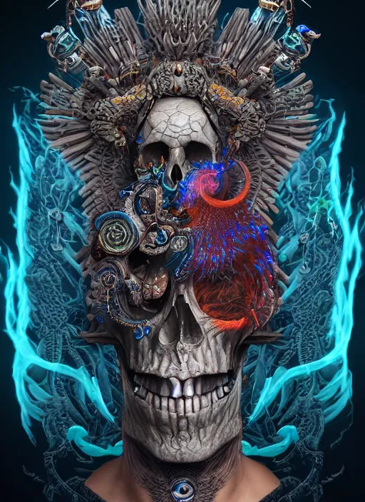 Image similar to 3 d shaman with tattoos profile portrait, sigma 5 0 0 mm f / 5. beautiful intricate highly detailed quetzalcoatl skull. bioluminescent, plasma, lava, ice, water, wind, creature, thunderstorm! artwork by tooth wu and wlop and beeple and greg rutkowski, 8 k trending on artstation