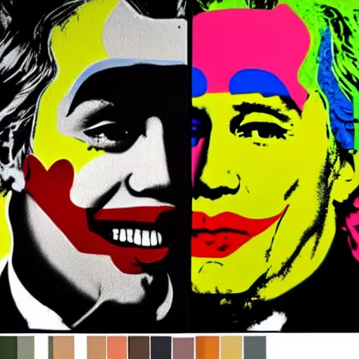 Image similar to andy warhol and banksy draw kanye west as the joker which dance on the street, hyperrealistic content, high definition content, intricate, delete duplicate content, justify content center, 5 colors