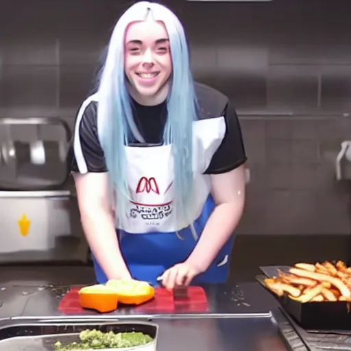 Prompt: A screenshot from a McDonald's training video showing Billie Eilish smiling at the camera while she is flipping burgers on the grill