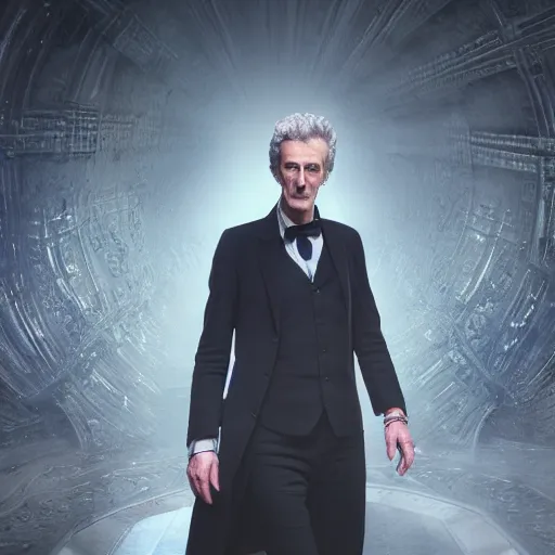 Image similar to full body pose, hyperrealistic photograph of peter capaldi, dim volumetric lighting, 8 k, octane beautifully detailed render, extremely hyper detailed, intricate, epic composition, cinematic lighting, masterpiece, trending on artstation, very very detailed, stunning, hdr, smooth, sharp focus, high resolution, award, winning photo, dslr, 5 0 mm