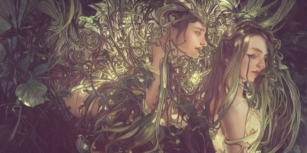 Image similar to scary plant people by artgerm, ominous nightmare, intense lighting, light beams, lens flare, intricate tendrils by alphonse mucha, elegant, highly detailed, digital painting, artstation, concept art, smooth, sharp focus, illustration, art by serpentigena and alphonse mucha