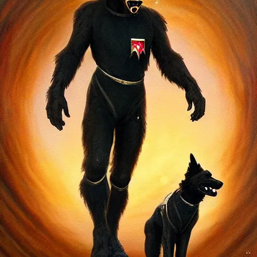 Prompt: fullbody of a black german shepard dogman man alien in jumpsuit starfleet star trek vacation at risa. highly detailed painting by gaston bussiere craig mullins jc