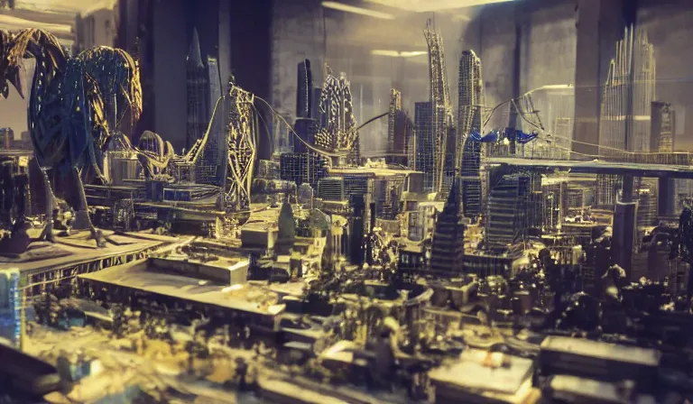 Image similar to group of people in simple warehouse, looking at hologram of futuristic city on a table, cinematic concept art, godrays, golden hour, natural sunlight, 4 k, clear details, tabletop model buildings, center model buildings, hologram center, crane shot, crane shot, crane shot