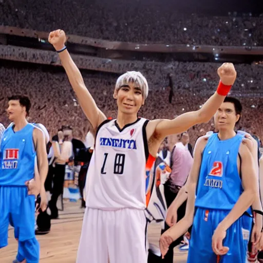 Prompt: tetsuya kuroko raising hands in victory