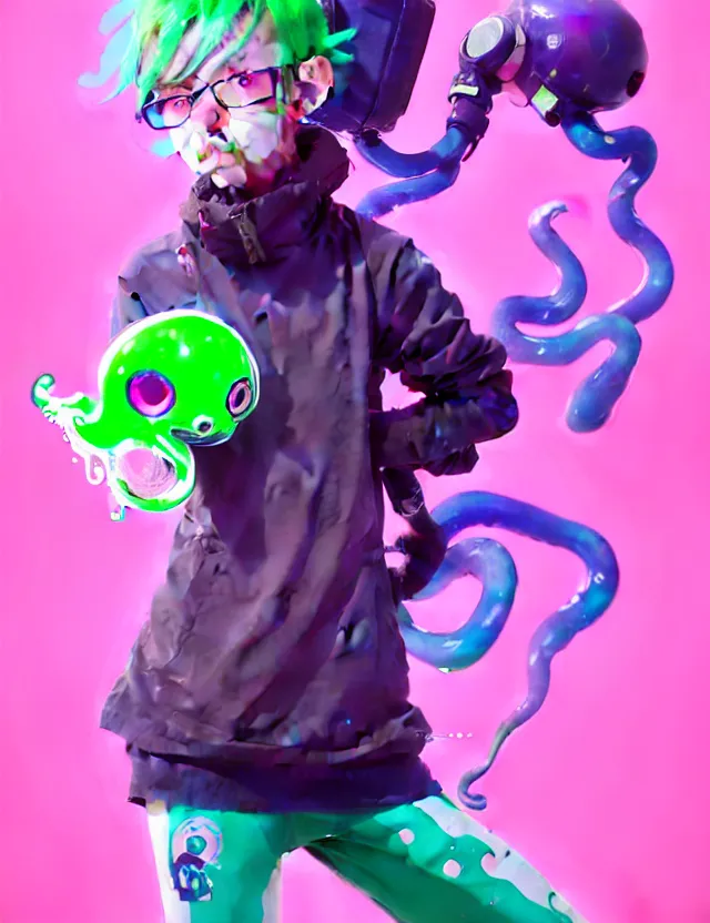 Image similar to a beautiful fullbody portrait of a cute splatoon anime boy with pink hair and green eyes wearing sports clothing leggings. character design by cory loftis, fenghua zhong, ryohei hase, ismail inceoglu and ruan jia. artstation, volumetric light, detailed, photorealistic, fantasy, rendered in octane
