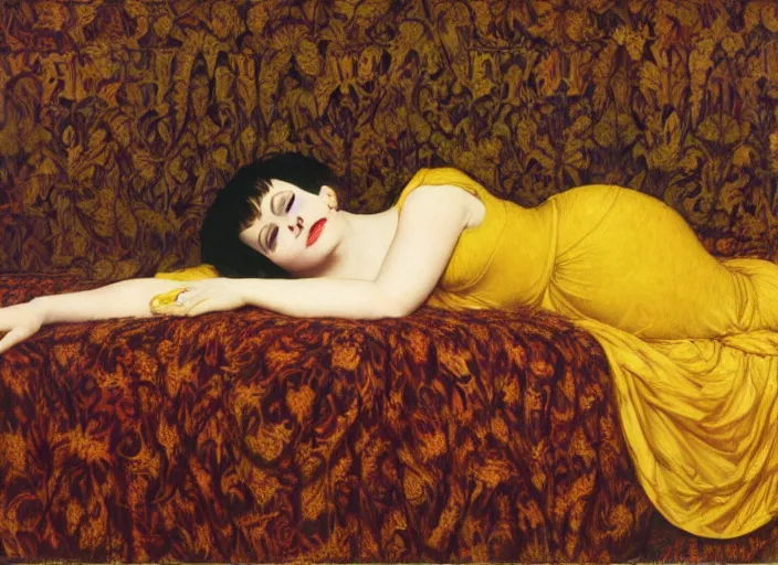 Prompt: portrait of liza minelli hybrid judy garland reclining on bed, wearing yellow ochre ornate medieval dress, preraphaelite colour photography by frederic leighton, william morris, 8 k
