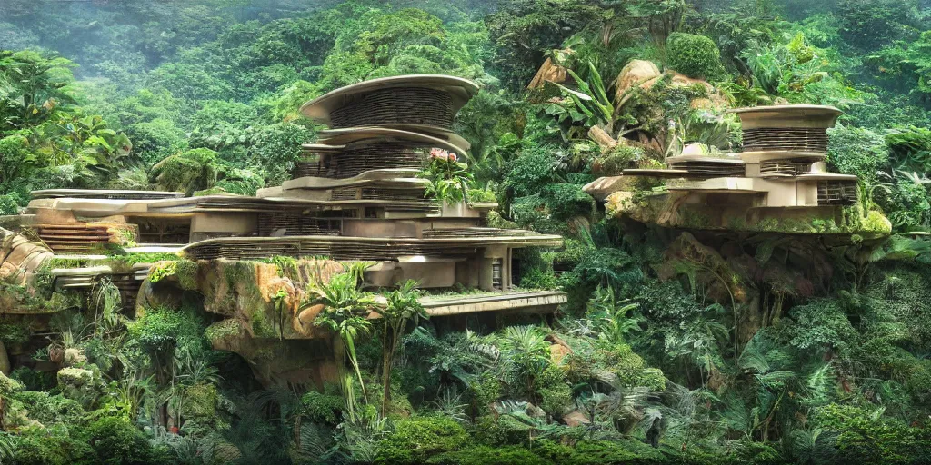 Image similar to cinematic still of hyper detailed highway realistic afro futurist house in a jungle by frank lloyd wright architect, helicopters, wide angle, insanely detailed and intricate, summer colors