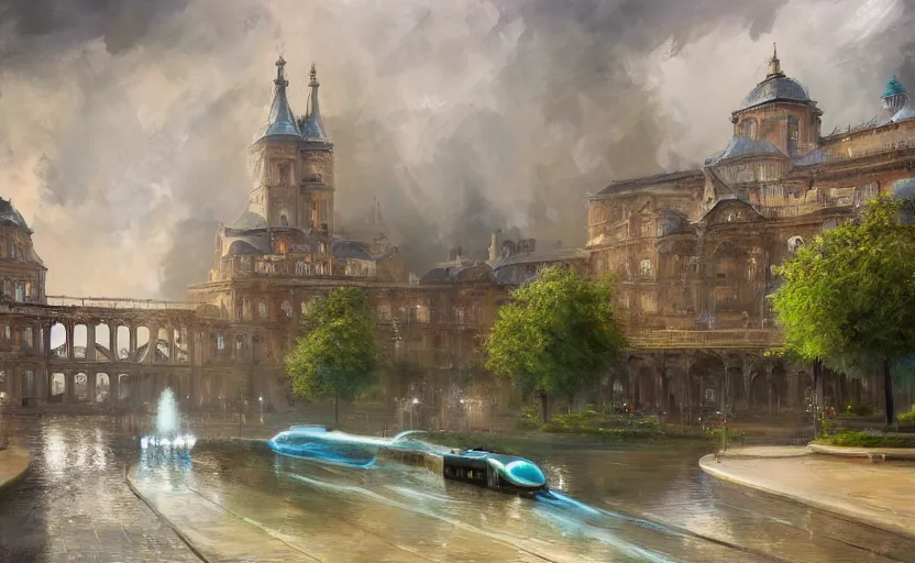 Prompt: An urban train rides inside of a waterway on a fantasy city, next to a fountain and a mystical palace. By Konstantin Razumov, Fractal flame, chiaroscuro, highly detailded