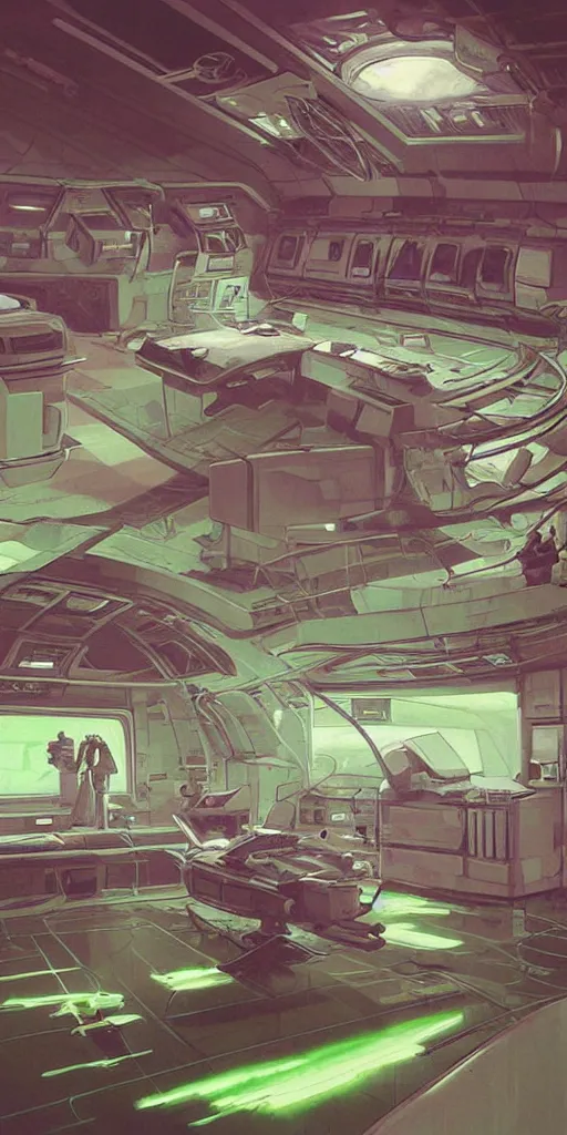 Prompt: spaceship medic room , mysterious laboratory, thick green mist, low ceiling, cables hanging from ceiling, thick cables on ground, god rays of light, huge computer screens, neons, saturated top light , epic scene, scifi, illustration, art by Juan Giménez and moebius