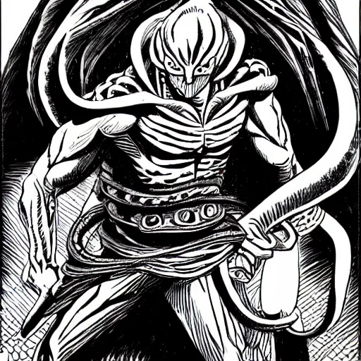 Image similar to a snake man, kentaro miura art style