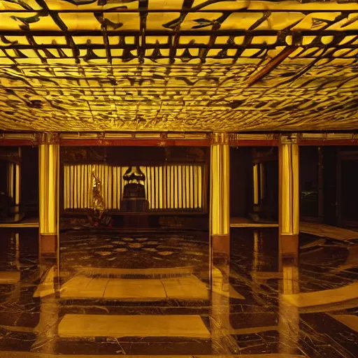 Prompt: a large ornate futuristic dojo, shot by roger deakins, night time, dim cinematic lighting, low ceiling, oscar winning, movie set