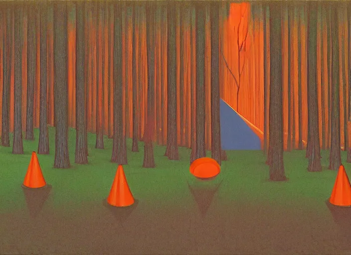 Prompt: orange cones in a forest, by francis bacon, surreal, james jean, greg hildebrandt, triadic color scheme, in the style of francis bacon and edward hopper and beksinski, dark surrealism