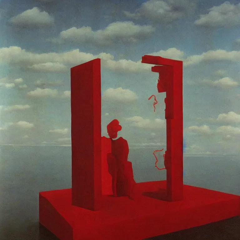 Image similar to A Monumental Public Sculpture of a 'Mirror to the Unconscious made out of Red Rope Licorice' on a pedestal by the Sea, surreal oil painting by Rene Magritte and Max Ernst shocking detail hyperrealistic!! Cinematic lighting